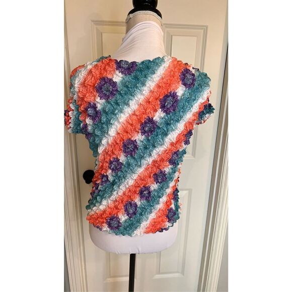 Vintage 90’s popcorn Women’s Small Short Sleeve Multicolored Striped Floral Top - Picture 4 of 10